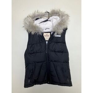 Hollister Black Puffer Vest Faux Fur Hooded Sherpa Lined Womens Size L